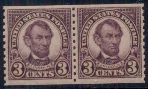 US #600 3¢ violet, Coil Pair, og, NH, VF, Scott $26.00