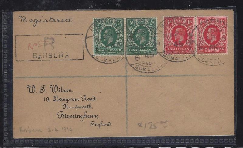 SOMALILAND COVER (P0312B) 1914  KGV  1/2AX2+1AX2L REG BERBERA TO USA