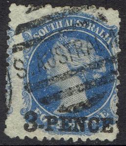 SOUTH AUSTRALIA 1876 QV 3 PENCE ON 4D WMK BROAD STAR PERF 11.5 - 12.5 USED 