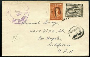 Registered NFLD to USA, 10c + 3c large double circle cover Canada