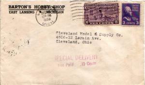 United States Michigan Lansing 1938 machine  3c Jefferson Prexie and 10c Bicy...