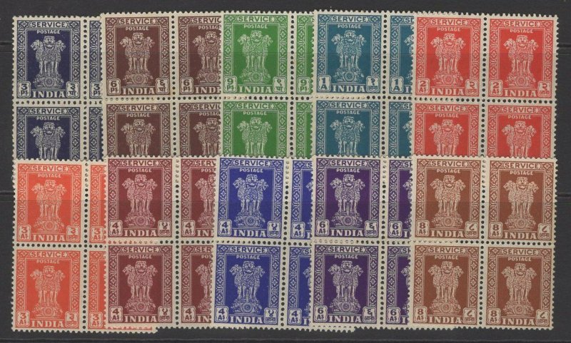 INDIA SGO151/60 1950-1 OFFICIAL SET TO 8a IN MNH BLOCKS OF 4