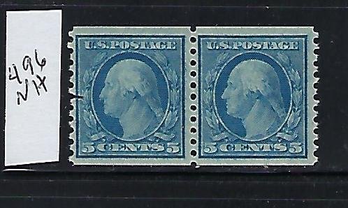 US #496 1916-22 5C (BLUE) COIL PAIR (TINY CUT ON LEFT STAMPS)  MINT NEVER HINGED