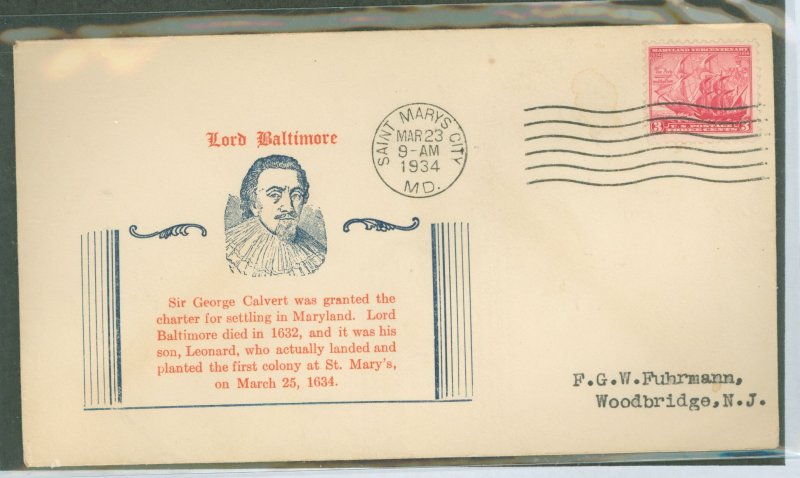 US 734 1934 3c Maryland Tercentenary (ship) on an addressed (typed) FDC with a covered wagon cachet