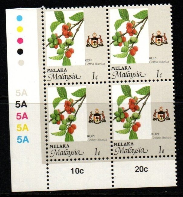 MALAYA MALACCA SG96 1986 1c AGRICULTURAL PRODUCTS BLOCK OF 4 MNH