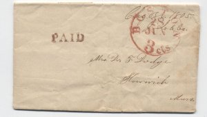 1853 Boston MA red CDS 3cts stampless letter charge box notation [y8830]