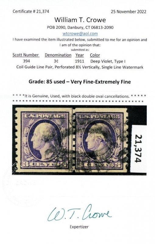 394, Used 3¢ VF Coil Line Pair With Crowe Certificate SMQ $875 - Stuart Katz