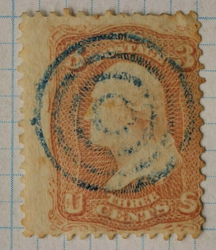 US sc# 65 3c Washington used Pink rose Blue ink Bullseye fancy cancel