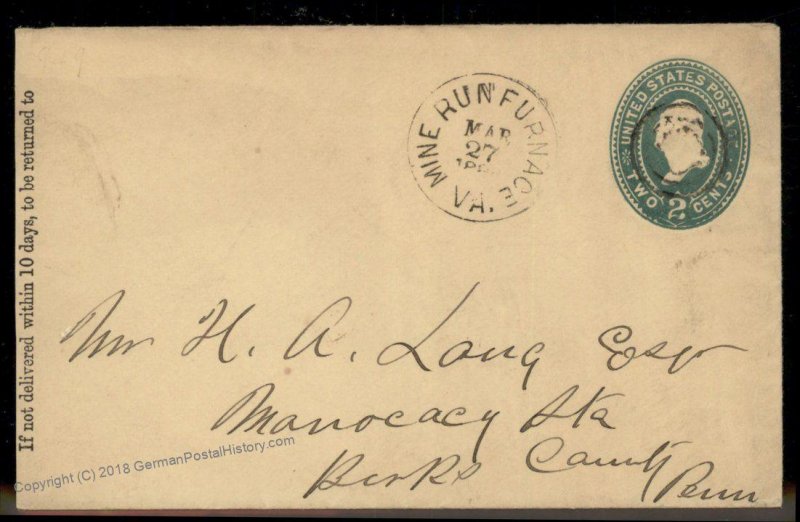 Virginia 1880s Mine Run Furnace VA DPO Cancel Helbock R6 Cover 92410