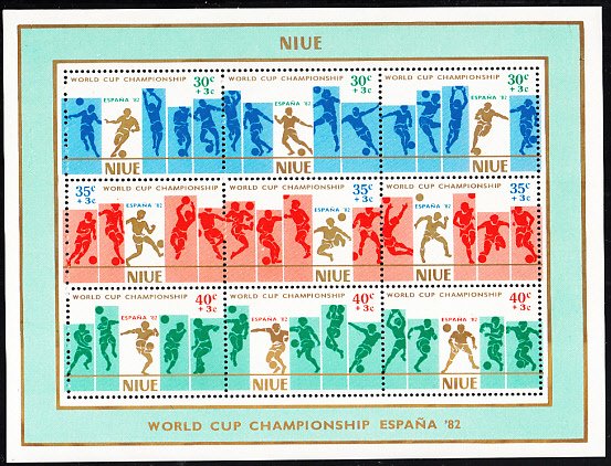 Niue 1981 MH Sc #B51 Sheet of 3 strips Surcharged World Cup of Soccer 82 creased