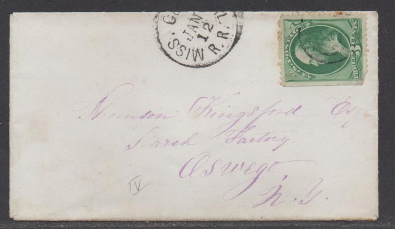 **US RPO Cover, Scott #147, Part Mississippi Central RR Cancel to New York