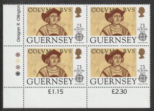 Guernsey 556 Christopher Columbus Portrait 23p plate block 4 LL MNH 1992