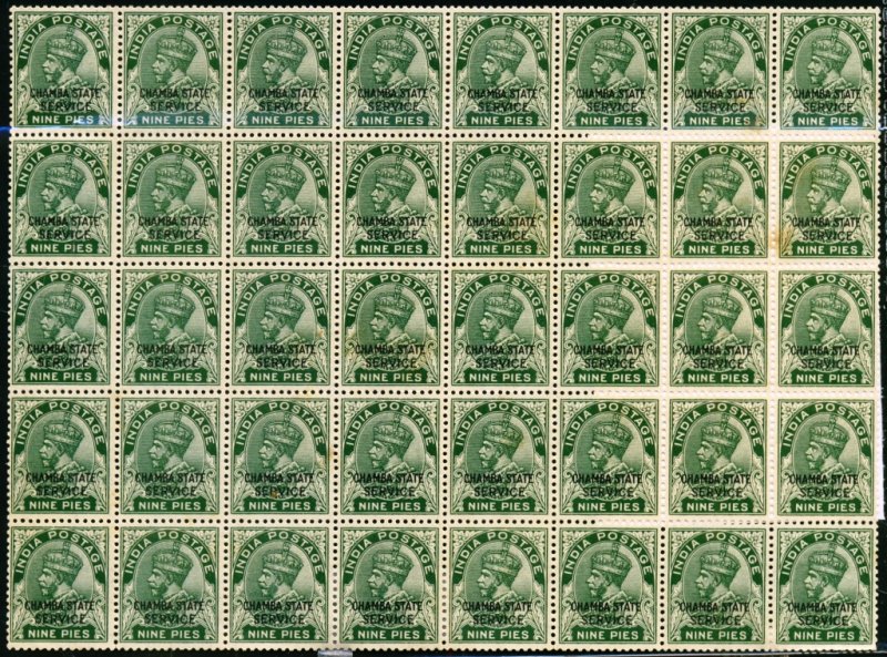 CHAMBA STATE SERVICE 1927-39 KGV 9p DEEP GREEN, BlLOCK OF 40.  MNH