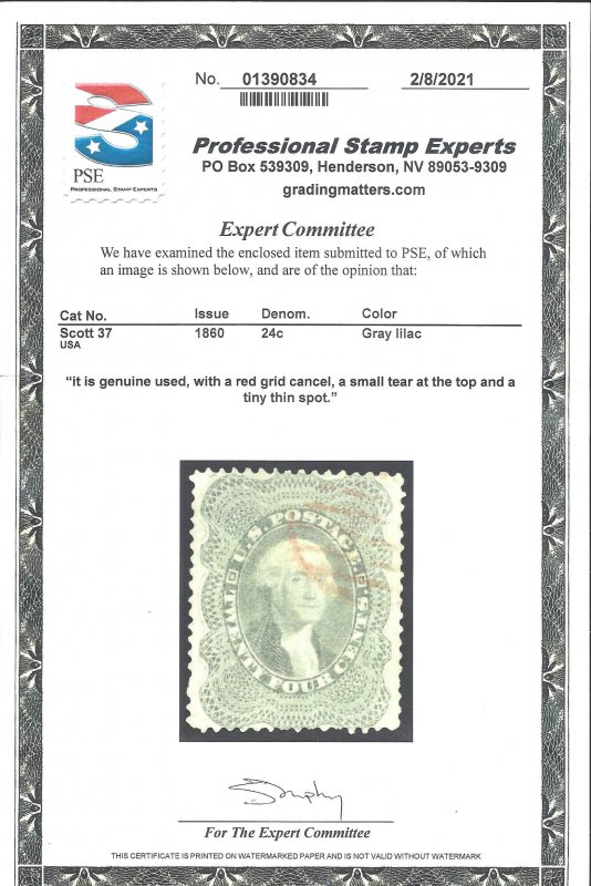 37 Used... PSE Certificate... SCV $465.00... Red grid cancel