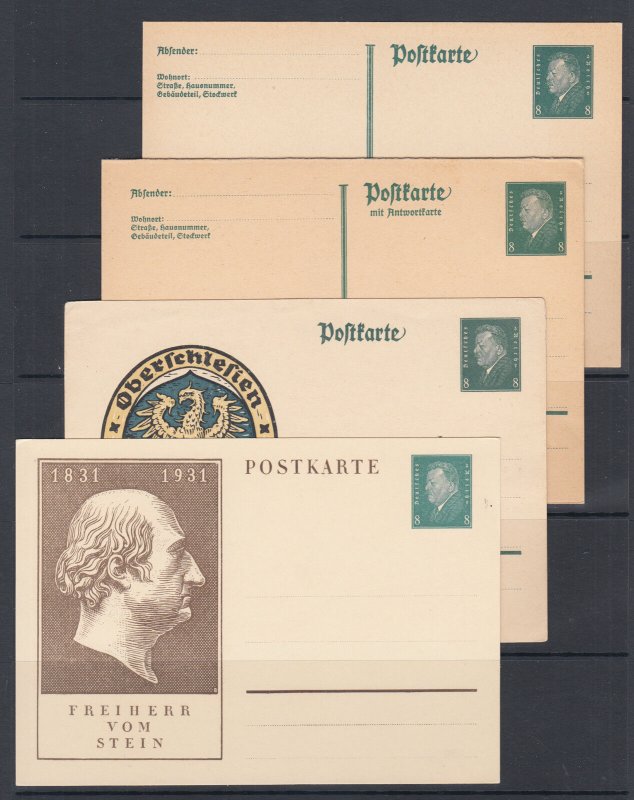 Germany Mi P181/P193 unused. 1928-31 Postal cards, 4 different, sound, F-VF.