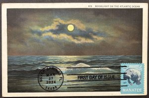 2024 Save Manatee FDC Vintage Postcard Maximum MaxiCard Moonlight Atlantic Ocean