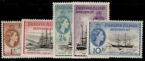 FALKLAND ISLANDS - Deps QEII SG G35-G39, 1954-62 PART set, M MINT. Cat £138.