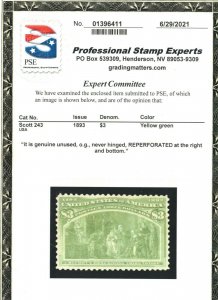 USA #243 Extra Fine Never Hinged Expertly Reperforated **With Certificate**