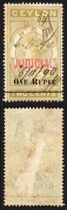 Ceylon BF58 1R on 2c Greenish-brown Opt Judicial