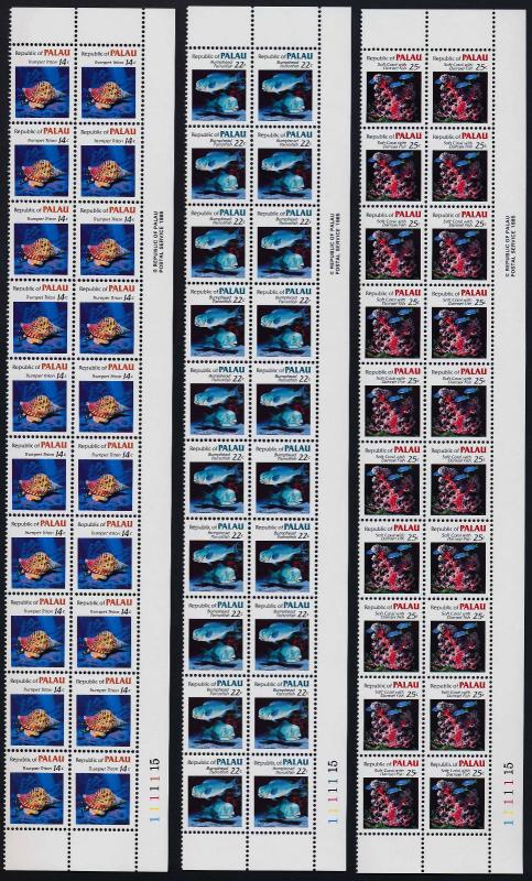 Palau 75-81 Plate Blocks of 20 MNH Fish, Coral, Shells, Turtle