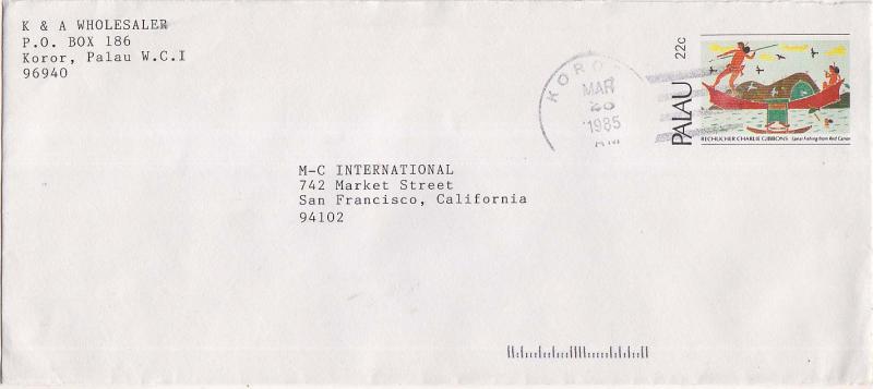 Caroline Islands Palau 22c Spear Fishing Envelope 1985 Koror, TT 96940 to San...