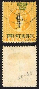 Grenada SG38 1d on 1/- Orange used (trimmed perfs at base) Cat 48 pounds