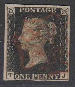 SG 2 1d black plate 10 lettered TJ. Very fine used with a red Maltese cross