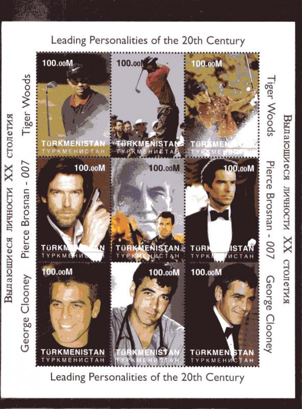 Tiger Woods/George Clooney/JAMES BOND 007 Shlt. (9) MNH Turkmenistan 2000