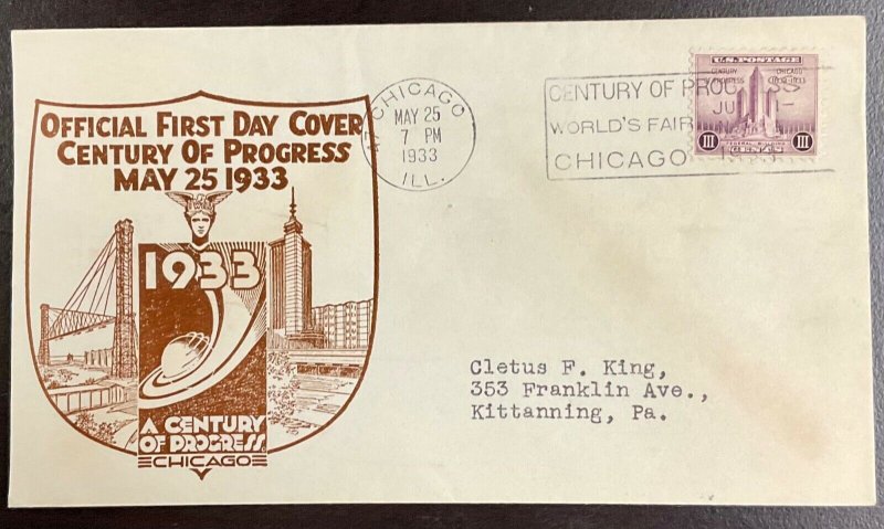 729 Lou Kreicker Cachet 1933 Century of Progress, Chicago FDC   P-26