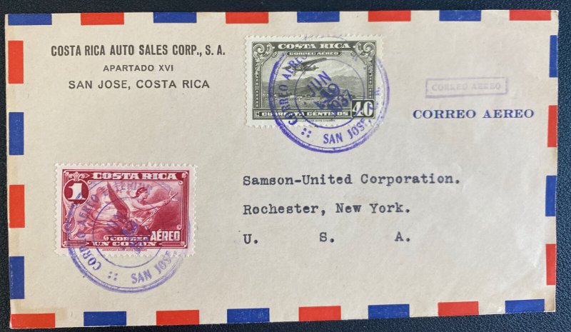 1937 San Jose Costa Rica Auto Sales Airmail Cover To Rochester NY Usa