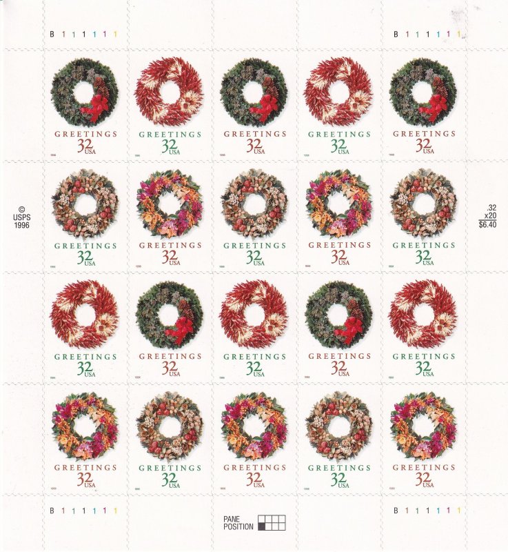 U.S Sc# 3249 / 3252 32¢ Christmas1998 self adhesive sheet MNH CV $27.00