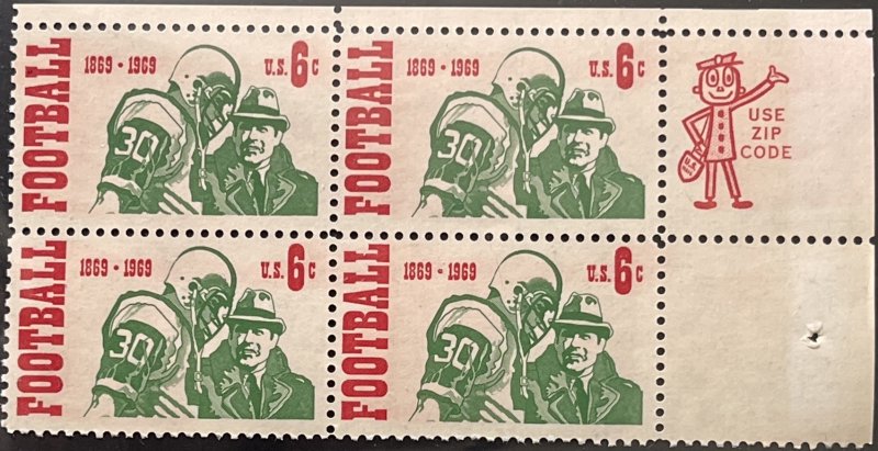 Scott #1382 1969 6¢ Intercollegiate Football MNH OG ZIP block of 4