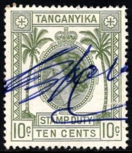 1954 Tanganyika 10 Cents Stamp Duty Queen Elizabeth Used