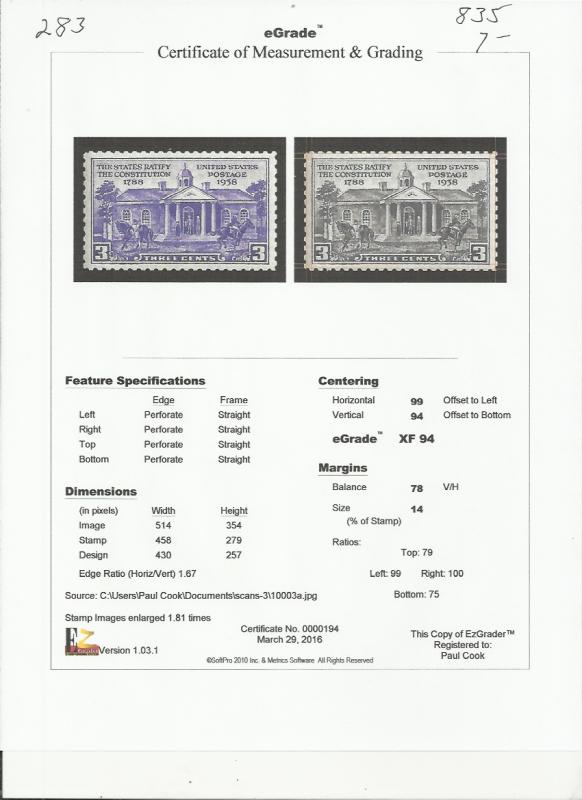 # 835 MINT NEVER HINGED CONSTITUTION RATIFICATION XF+