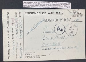 1944 POW Prisoner of War Camp 133 Ottawa Canada PC Cover To Berlin Germany