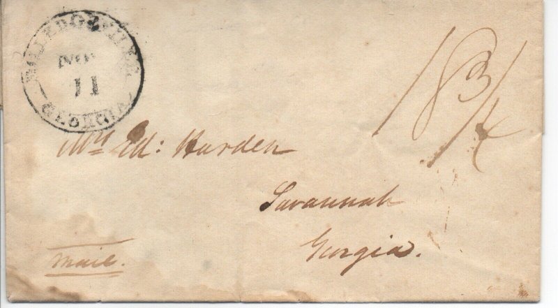 Georgia Stampless Cover Milledgeville Nov 11 Double Circle - No Contents Scarce