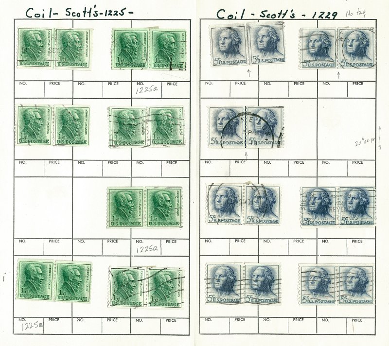 Scott 1225, 1229 1c and 5c Coil Line Pairs, Pairs Used VF