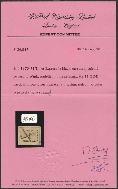 FIJI 1870 Times Express 1/- quadrille paper. SG 4 cat £3000. Rare. Certificate.