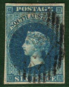 SOUTH AUSTRALIA States QV SG.3 6d Deep Blue (1855) Used VFU Cat £170+ BLBLUE33