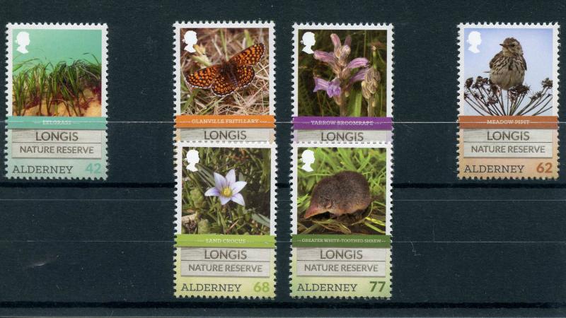 Alderney 2016 MNH Longis Nature Reserve 6v Set Birds Flowers Butterflies Stamps