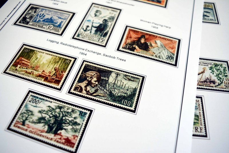 COLOR PRINTED FRENCH WEST AFRICA 1943-1959 STAMP ALBUM PAGES (15 illustr. pages)