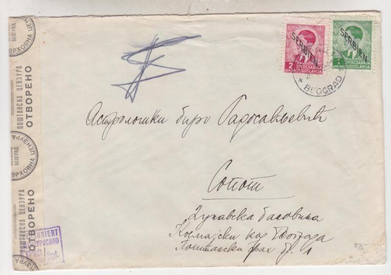 SERBIA, 1942 Censored cover, 1D. & 2D., Belgrade to Sopot.