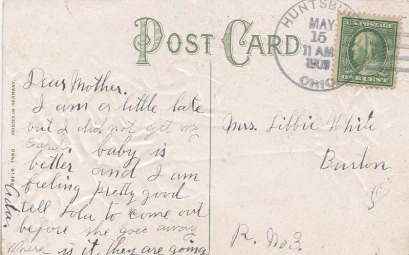 United States Ohio Huntsburg 1909 4a-bar  PC  Small tear at top.