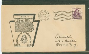 US 724 1932 3c Wiliam Penn/250th Anniversary of his arrival in America (single) on an addressed FDC with a Philadelphia, PA canc