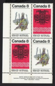 ABORIGINAL = PACIFIC COAST INDIANS = HISTORY Canada 1974 #573a MNH LL BLOCK of 4