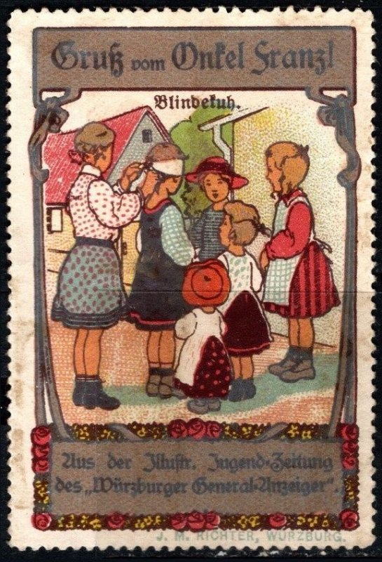 Vintage Germany Poster Stamp Greetings From Uncle Franzl Blindman's Buff
