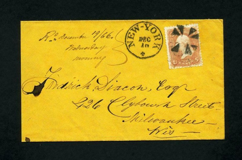 # 65 on cover from New York, New York to Milwaukee, Wisconsin dated 12-10-1866