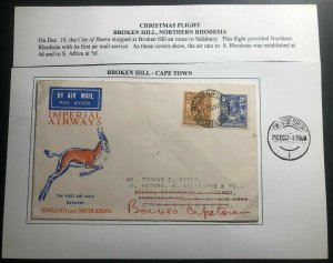 1931 Broken Hill N Rhodesia First Flight Cover FFC To Cape Town South Africa