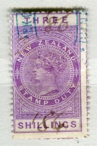NEW ZEALAND; 1880s early classic QV Stamp Duty fine used 3s. value
