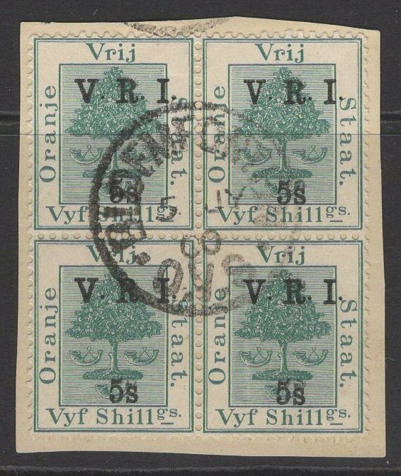 ORANGE FREE STATE SG122+132(x2 EACH) 1900 5s on 5s GREEN FINE USED BLOCK OF 4